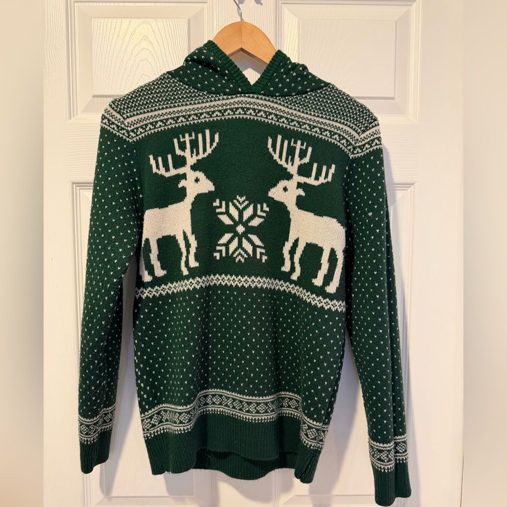 Knit Holiday Reindeer Pattern Green Sweater with Hoodie Size Small